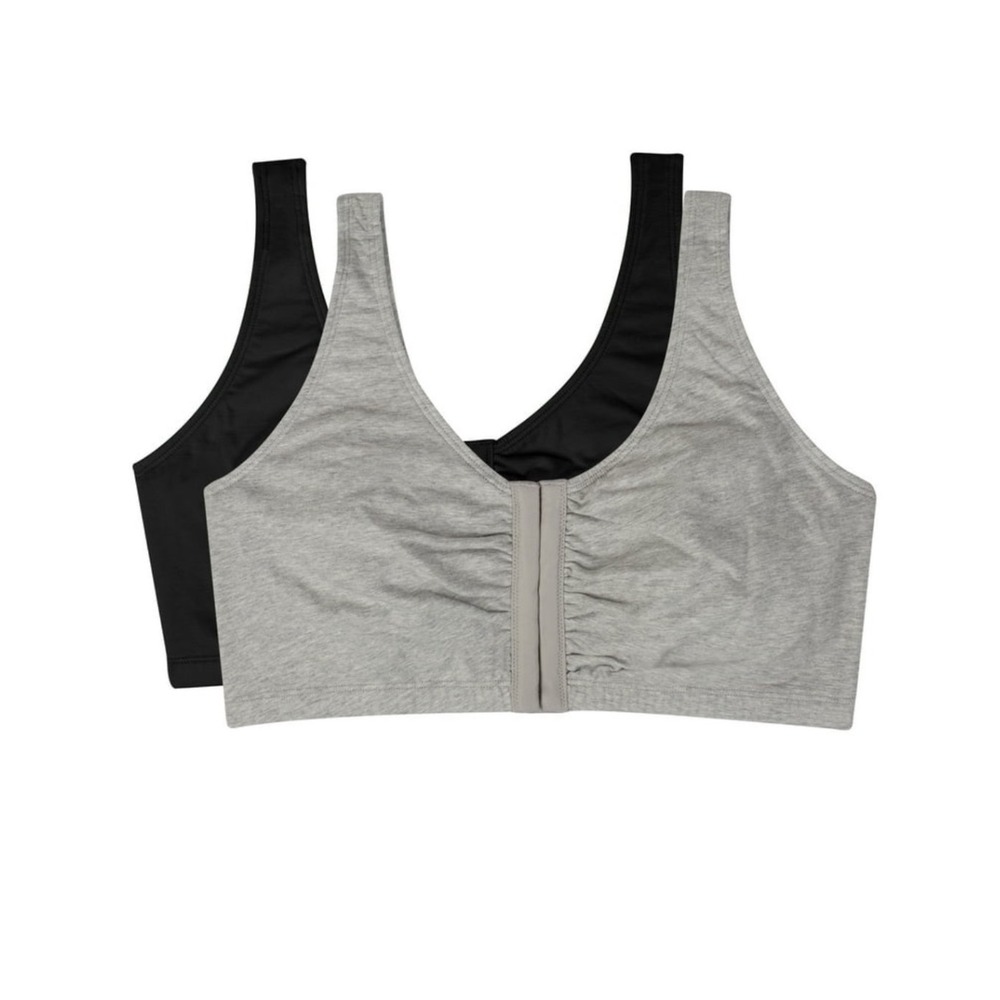 Fruit of the Loom Women Front Closure Cotton Sports Bra 2 Pack Black Gray 44